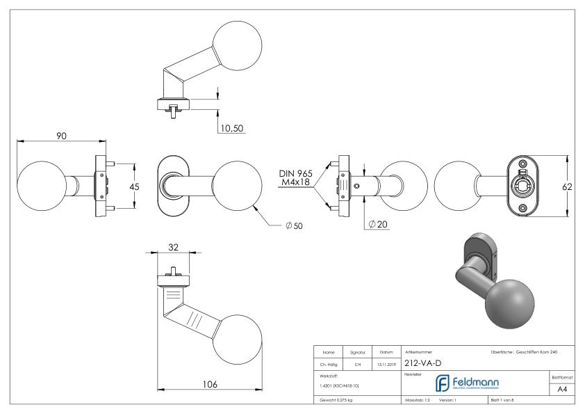 Drückerknopf, Ø 50mm, drehbar, V2A
