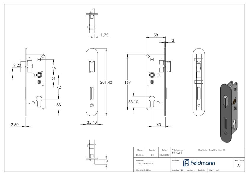 Schloss verzinkt ohne Schlosskasten, passend zu 59103-240, 35mm