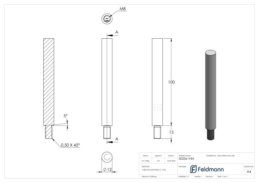 Stift Ø 12mm, L: 100mm, V4A