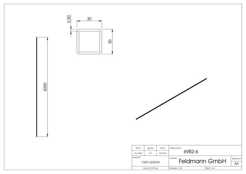 Quadratrohr 30x30x2,5mm, L: 6000mm, gehämmert