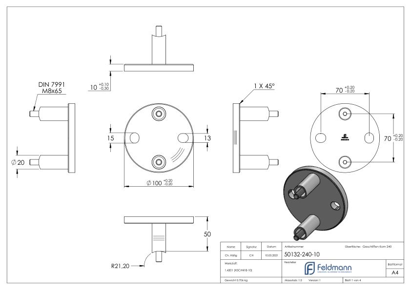 Wandbefestigung für Geländerpfosten 42,4mm