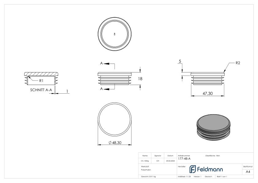 Kunststoffkappe für Rundrohr 48,3mm