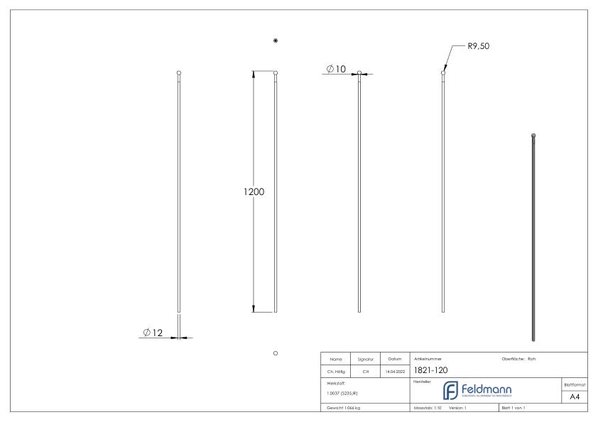 Zaunstab Ø 12mm, H: 1200mm, Kugel 19mm