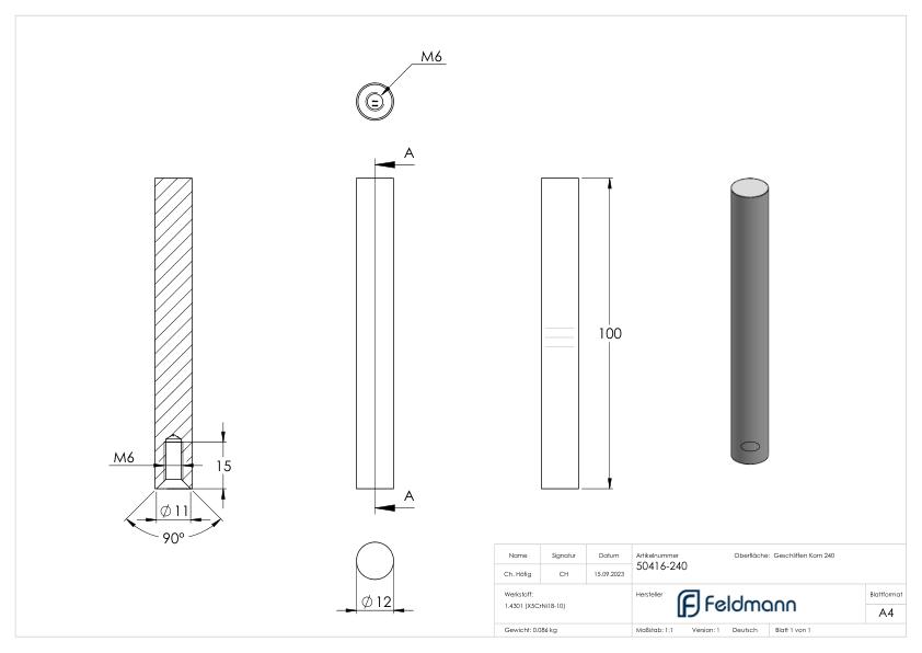 Stift Ø 12mm, L: 100mm, V2A
