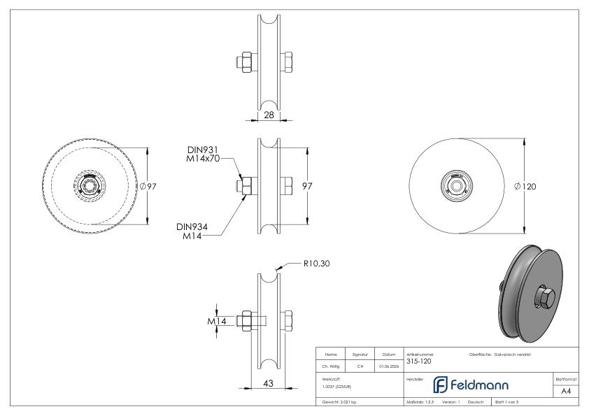Schiebetorrolle mit Rundrille, Ø 120mm, für Schiene Ø 20mm, 2 Kugellager, verzinkt