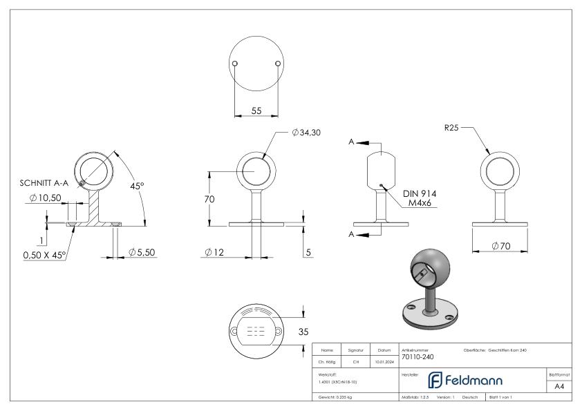 Rohrhalter, für Rohr 33,7mm, V2A