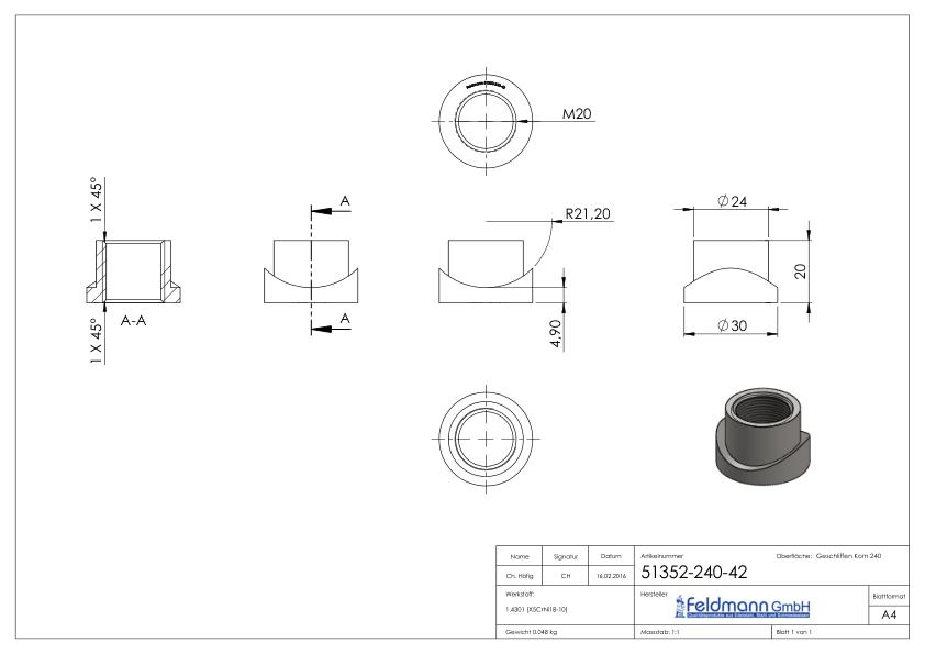 Gewindehülse, passend zu Torband 120-M20-VA, für Rohr 42,4mm, V2A