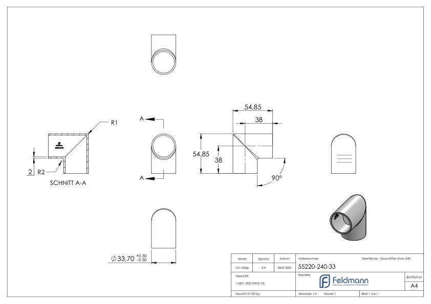 Schweißecke 90°, 33,7 x 2,0mm, V2A