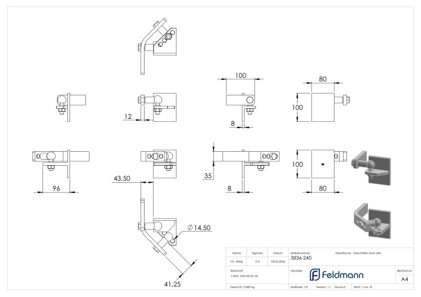 Hebetorbeschlag für Metallpfosten, Edelstahl V2A