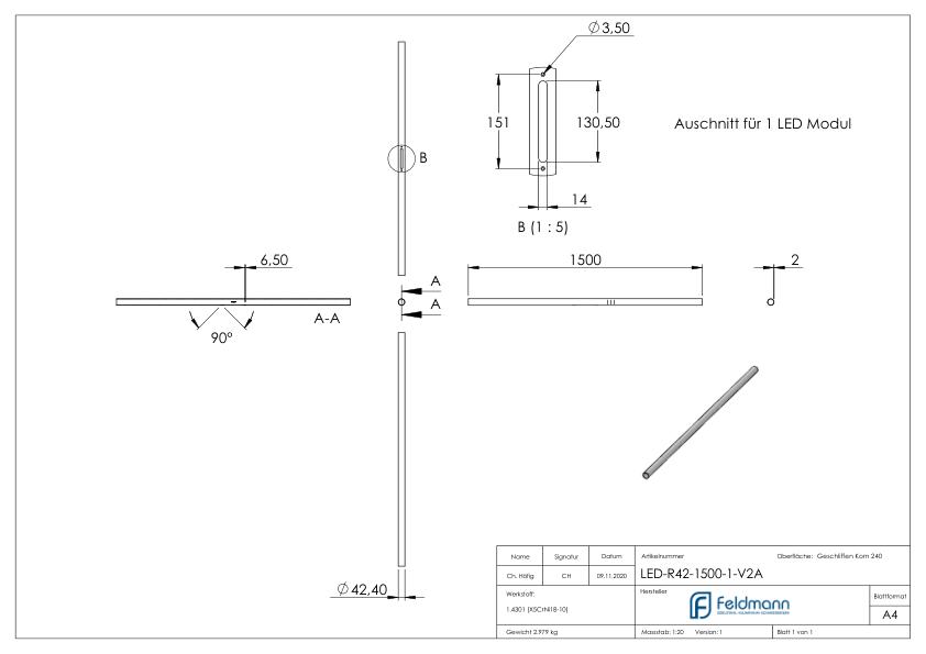Edelstahlrohr 42,4x2,0mm für LED Module, V2A