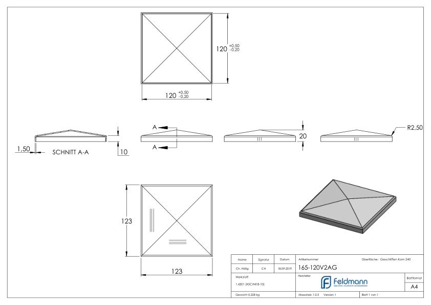 Pyramidenkappe, für Rohr 120x120mm, V2A