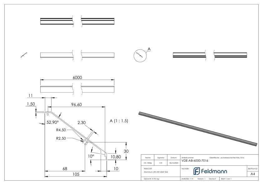 Design-Abdeckung für eleganza canopy, L: 6000mm, RAL 7016