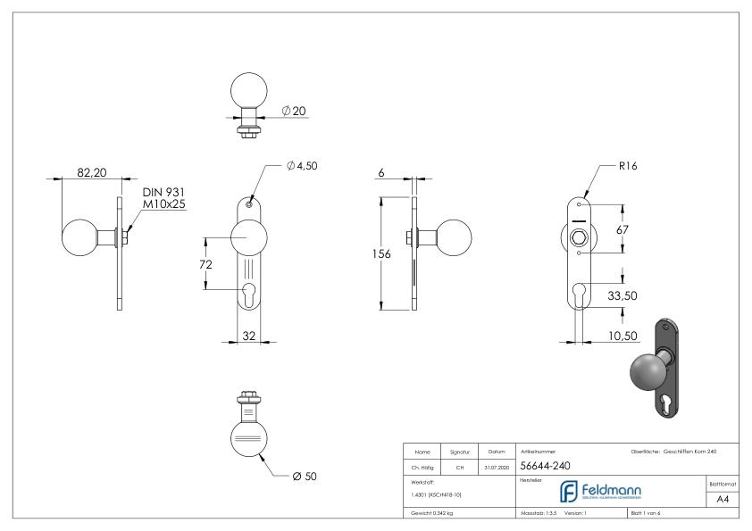 Türknopf, Ø 50mm, mit Langschild, V2A Türknopf, Ø 50mm, mit Langschild, V2A