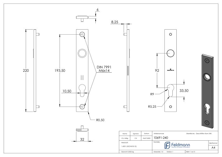 Langschild, Abmessung: 32x220x6mm, V2A