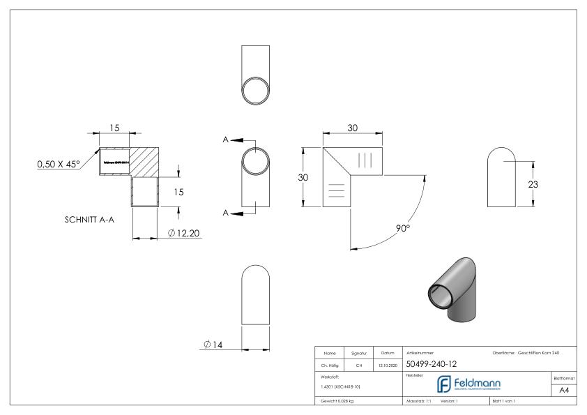 Rundstabverbinder für Ø 12mm, 90°, V2A Rundstabverbinder für Ø 12mm, 90°, V2A
