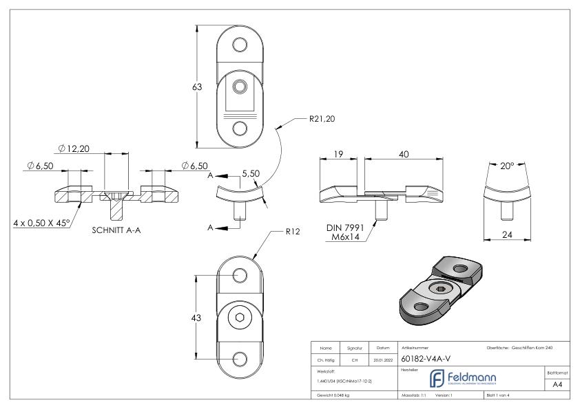 Handlaufanschlussplatte verstellbar, 42,4mm, V4A