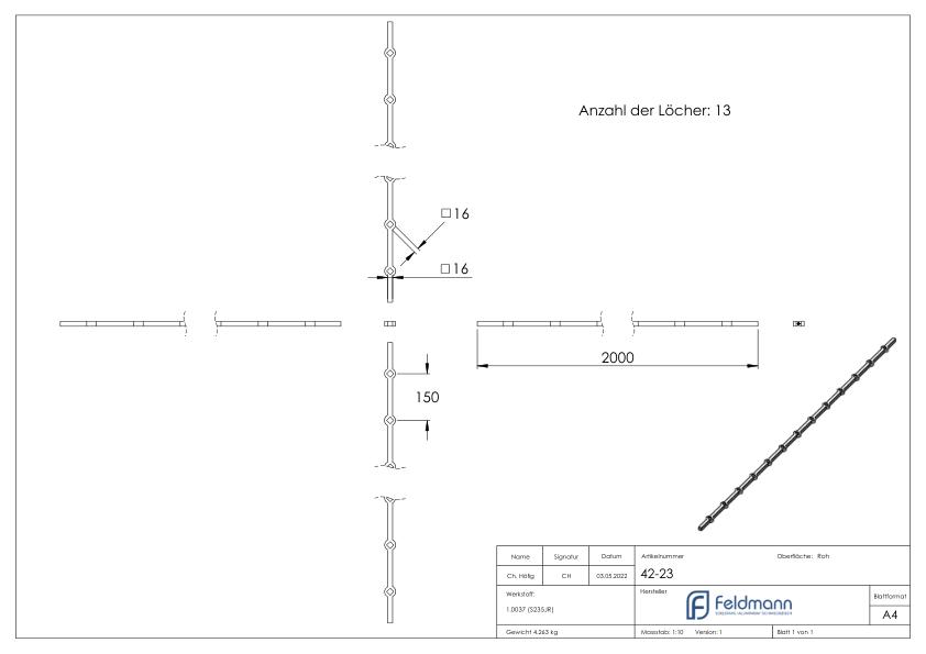 Lochleiste S235JR, 16x16mm, Lochabstand 150mm, 2000mm