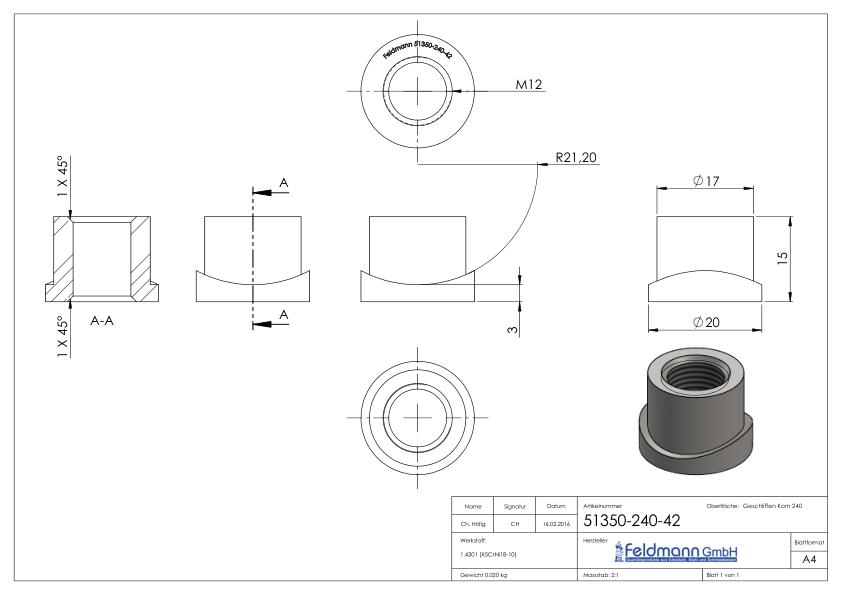 Gewindehülse, passend zu Torband 120-M12-VA, für Rohr 42,4mm, V2A Gewindehülse, passend zu Torband 120-M12-VA, für Rohr 42,4mm, V2A