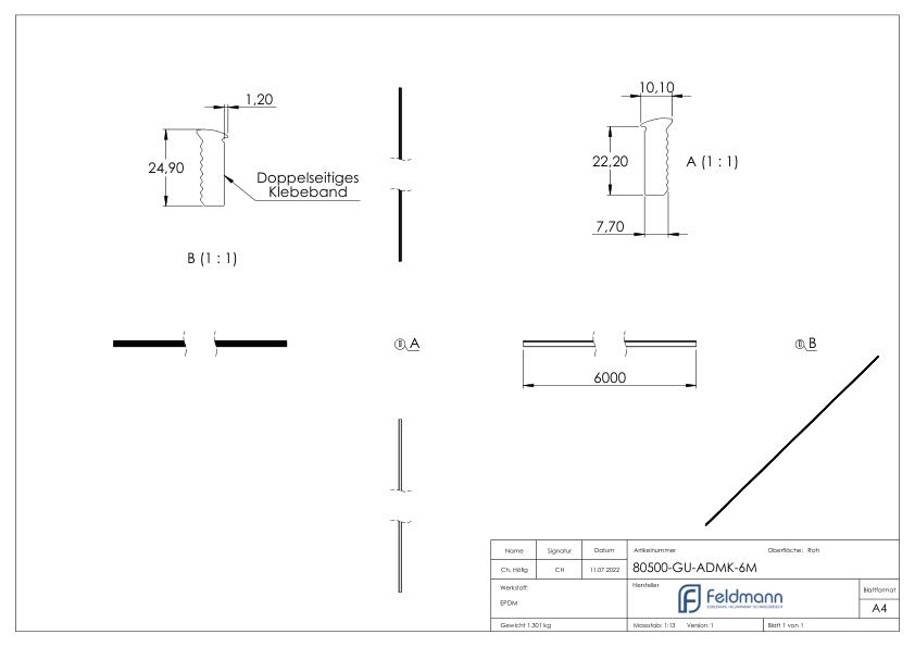 Abschlussdichtung oben, EPDM 80 shore, Länge 6m, schwarz