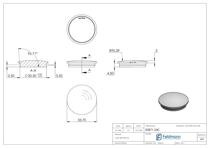 Rohrabschlussstopfen, für Rohr 33,7x2,0mm, V2A