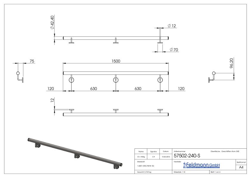 Handlauf, montagefertig, L: 1500mm, V2A