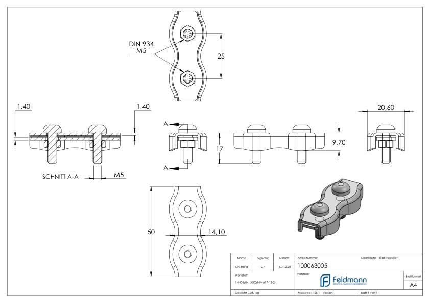 Duplexklemmen für Seil 5mm, V4A