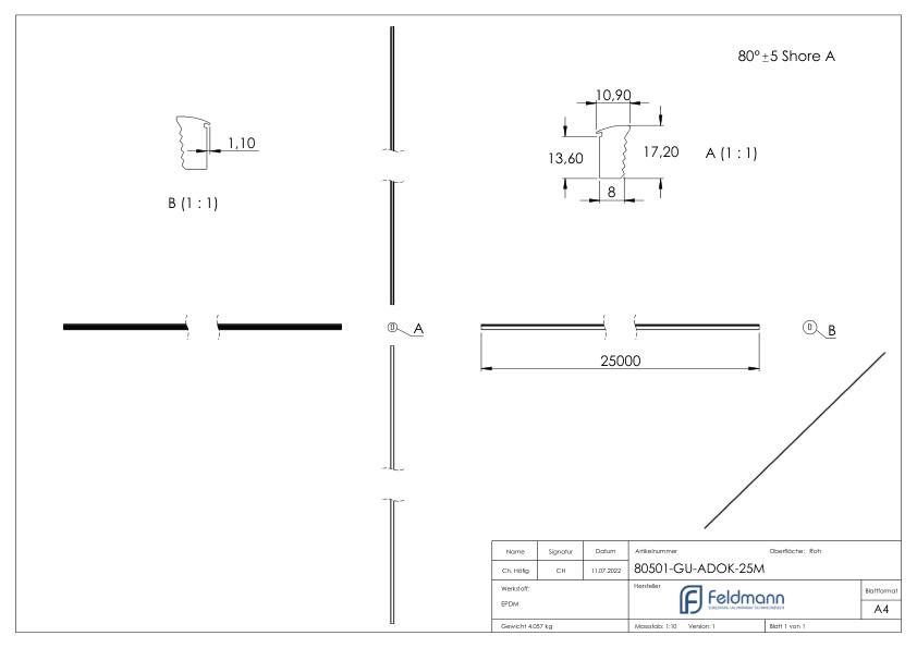 Abschlussdichtung oben, EPDM 80 shore, Länge 25m, schwarz