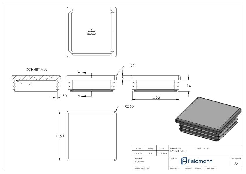Kunststoffkappe für Quadratrohr 60x60mm