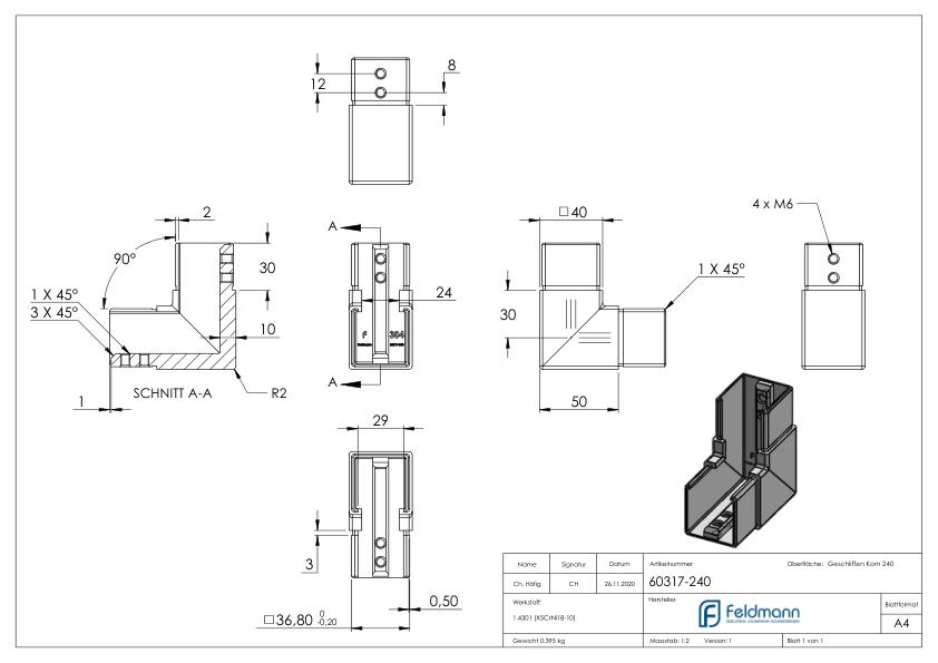 Eckbogen, vertikal, für Nutrohr 40x40mm, V2A