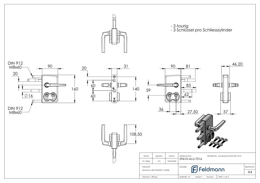 Doppelzylinderschloss LDKZD1 für 60x60mm Profile, Farbe RAL 7016