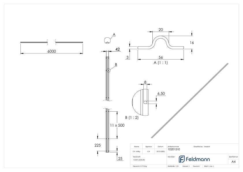 Laufschiene 20mm, L: 6000mm zum Aufschrauben