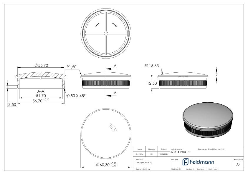 Rohrabschlussstopfen, für Rohr 60,3x2,0mm, V2A