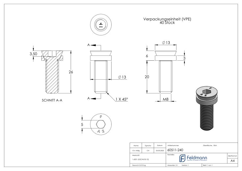 Spezialschraube M8 x 20, A2, VPE = 40 Stück Spezialschraube M8 x 20, A2, VPE = 40 Stück