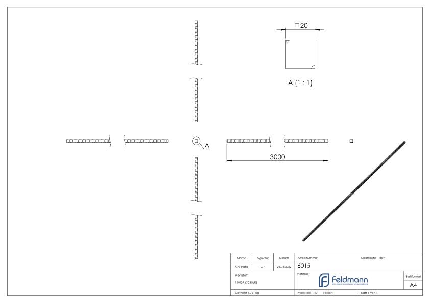 Vierkant S235JR, 20x20mm, L: 3000mm