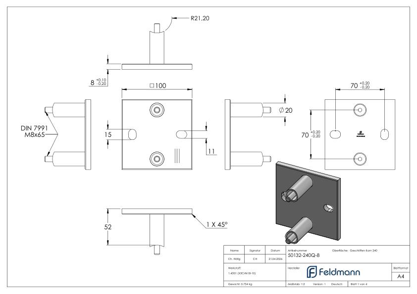 Wandbefestigung für Geländerpfosten 42,4mm