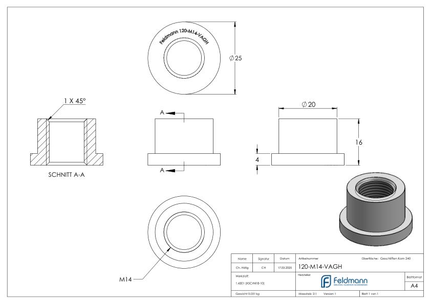 Gewindehülse, passend zu Torband 120-M14-VA, V2A Gewindehülse, passend zu Torband 120-M14-VA, V2A