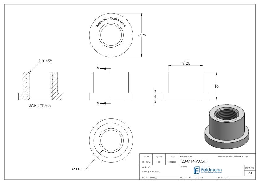 Gewindehülse, passend zu Torband 120-M14-VA, V2A