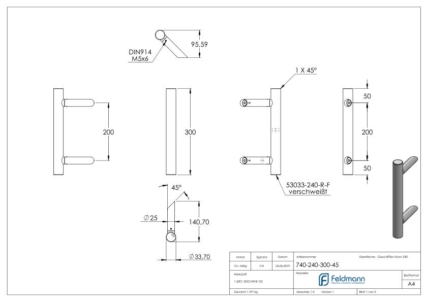 Stoßgriff inkl. Halter mit 45° Schräge 45° mit L: 300mm, V2A