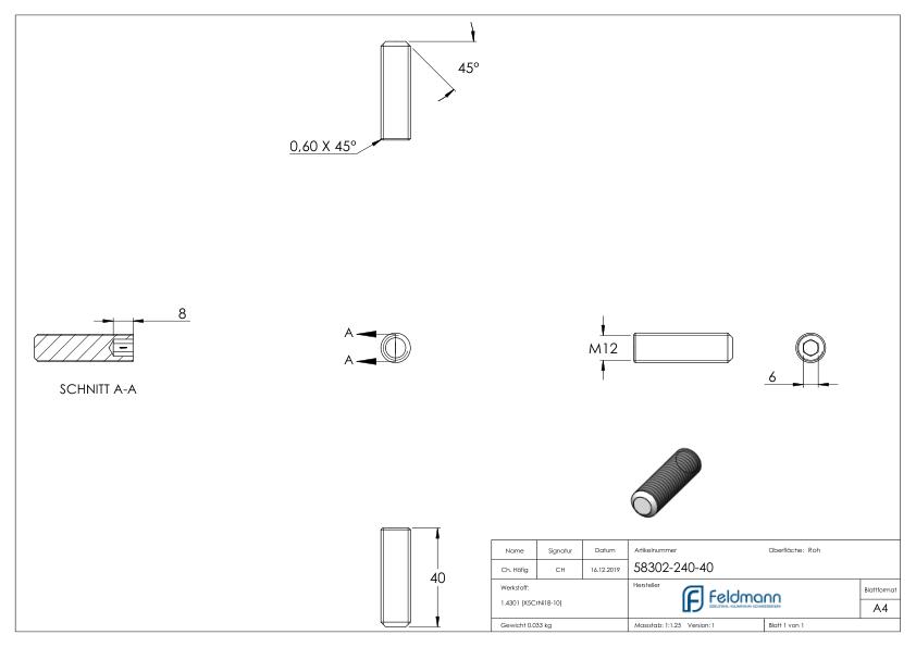 Gewindestift M12x40, V2A, DIN 913 / ISO 4026 Gewindestift M12x40, V2A, DIN 913 / ISO 4026