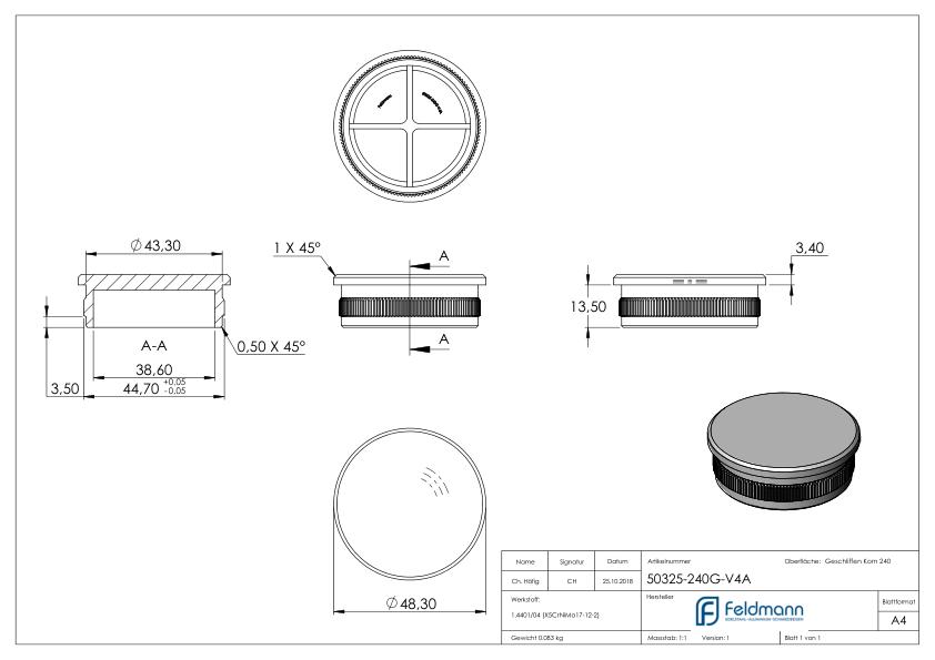 Rohrabschlussstopfen, für Rohr 48,3x2,0mm, V4A