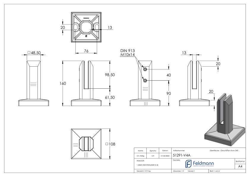 Bodenglashalter eckig, für Glas 12 - 12,76mm, V4A