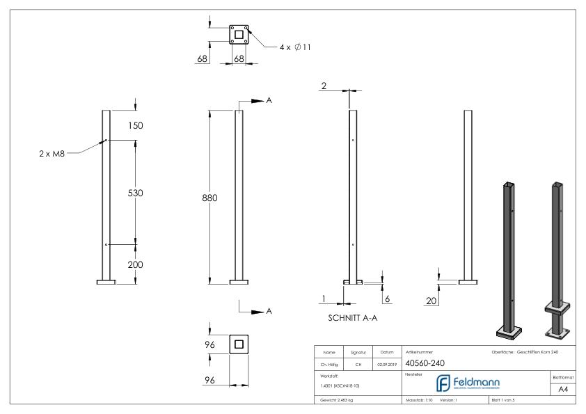 Edelstahlpfosten V2A zur Bodenmontage, H: 880mm