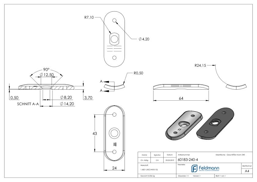 Handlaufanschlussplatte, 48,3mm, zum Vernieten, V2A