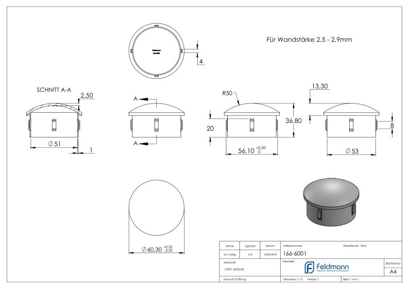 Stahleinschlagkappe, für Rohr 60,3mm