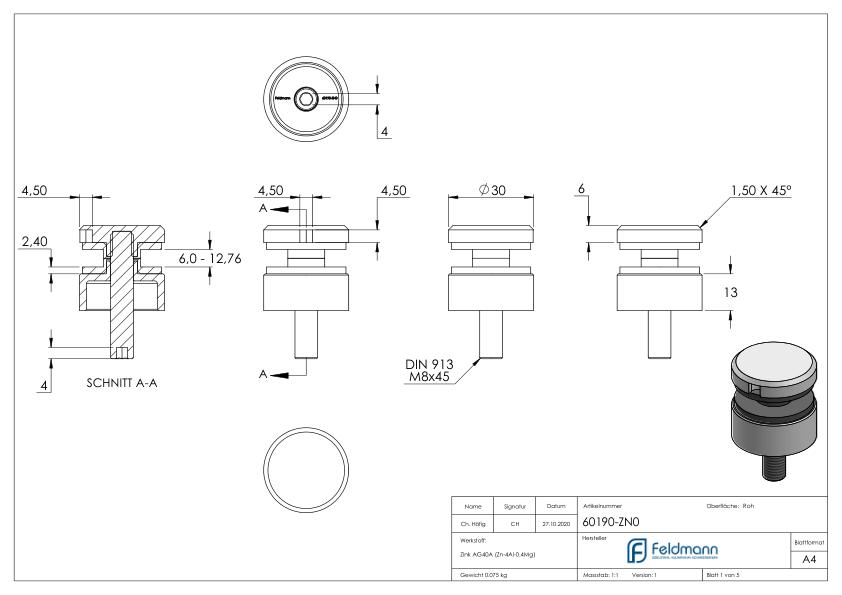 Glaspunkthalter 30mm, Anschluss: flach, Zink roh Glaspunkthalter 30mm, Anschluss: flach, Zink roh