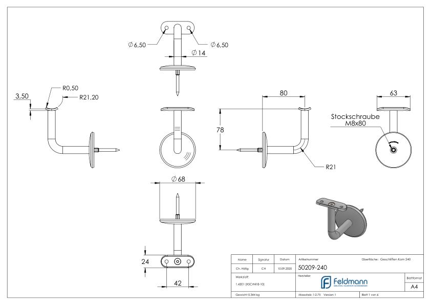 Handlaufhalter mit Handlaufanschlussplatte 42,4mm, V2A