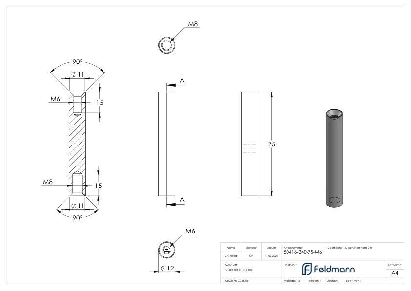 Stift Ø 12mm, L: 75mm, V2A