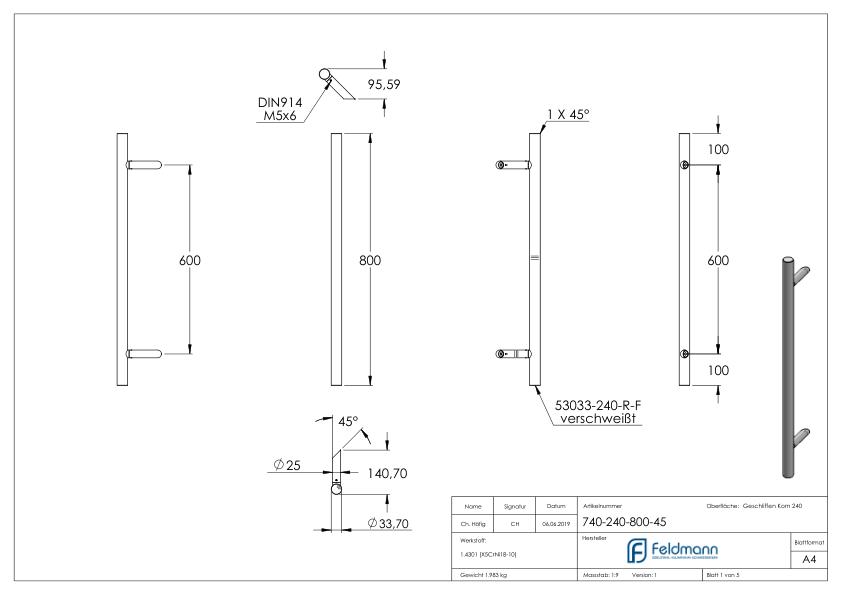 Stoßgriff inkl. Halter mit 45° Schräge 45° mit L: 800mm, V2A Stoßgriff inkl. Halter mit 45° Schräge 45° mit L: 800mm, V2A