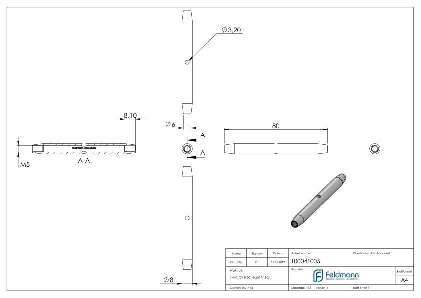 Wantenspanner mit Links- und Rechtsgewinde M5, V4A