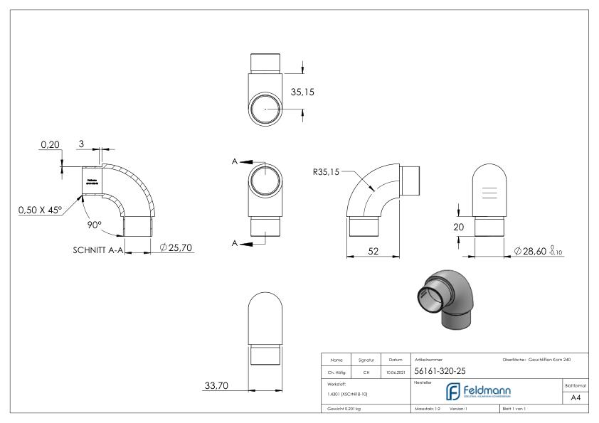 Rohrbogen 90°, für Rohr 33,7 x 2,5mm